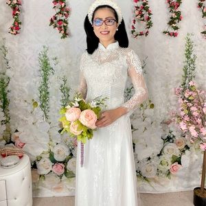ao dai bridal white set, Vietnamese traditional long dress wedding M 2 cuoi new